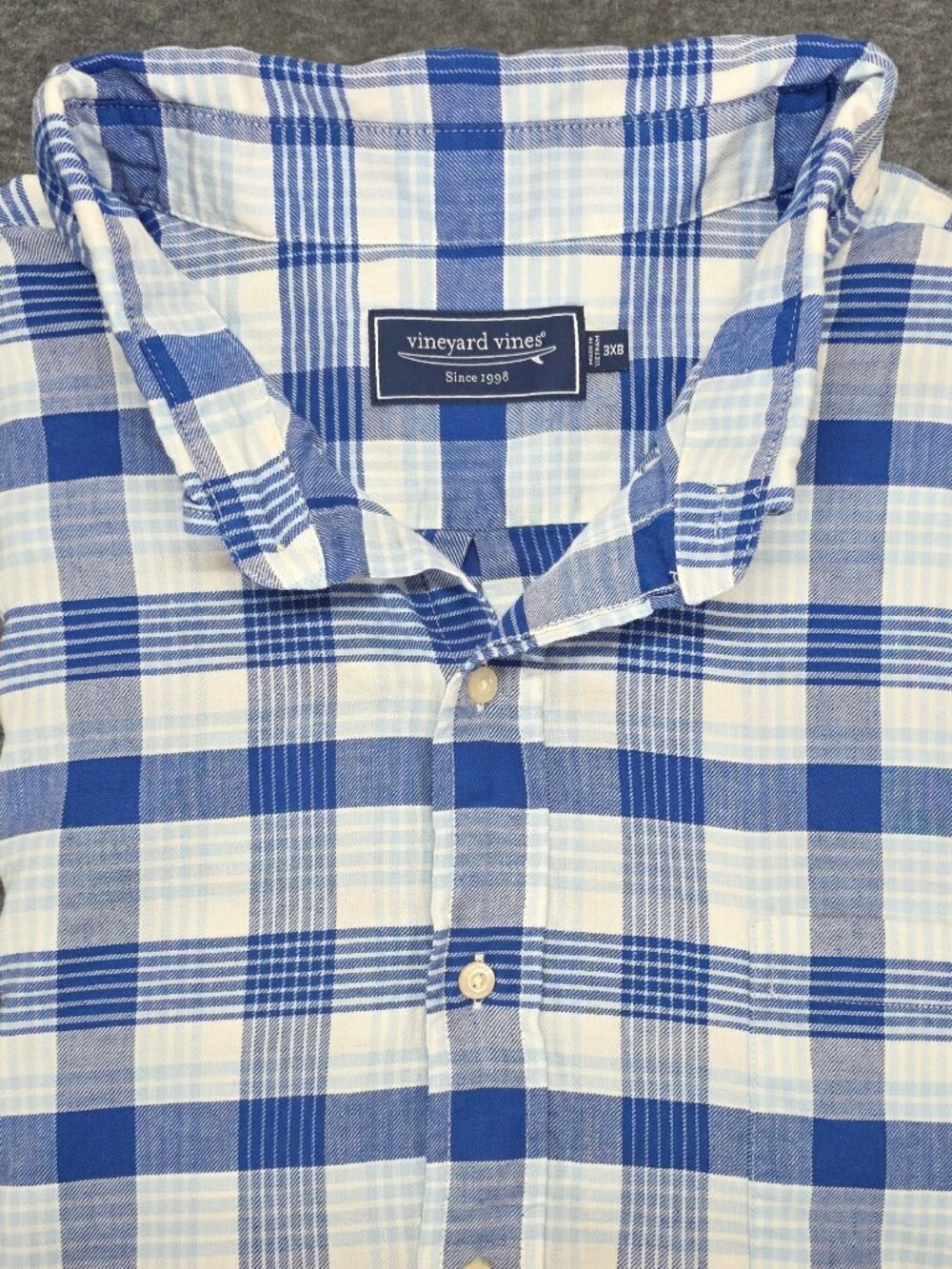 Vineyard Vines 3XB Blue Plaid Button Down Shirt Cotton Linen Stretch